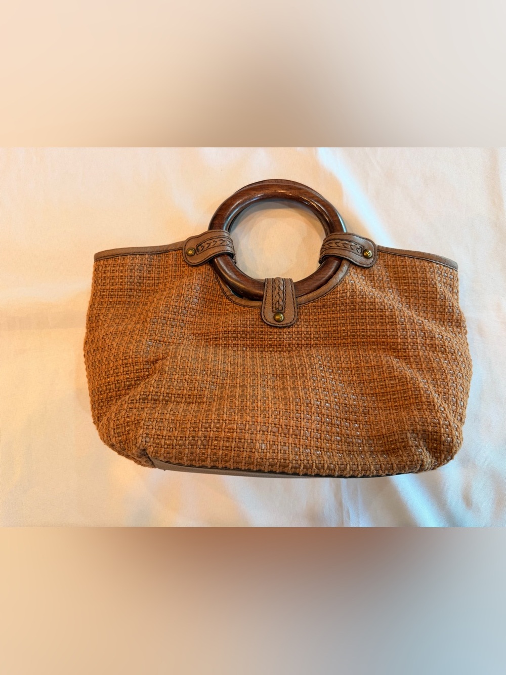 Vintage Fossil Woven Brown Tote Round Wood Handles Colorful Stripe Interior